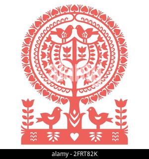 Polnische Volkskunst Vektor Muster Wycinanki Kurpiowskie - Kurpie Papercuts mit Vögeln, Bäumen und Blumen Stock Vektor