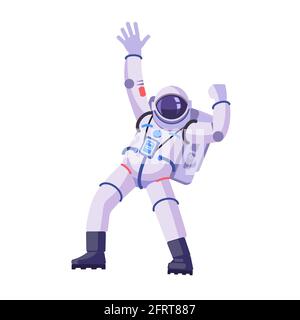 Astronaut mit hochhängenden Händen und winkender Hallo. Spaceman tanzt, lustige Geste. Cartoon-Vektor-Illustration isoliert auf weißem Hintergrund Stock Vektor