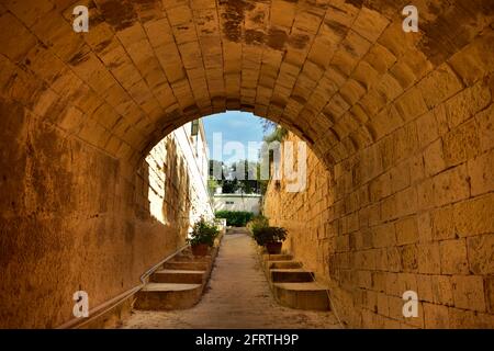 FLORIANA, MALTA - 17. Nov 2015: Gewölbter Gewölbetunnel, gebaut von globigerina Kalksteinplatten in Floriana, maltesische Inseln. Ausgezeichnete maltesische Mauerwerk Arbeit Stockfoto