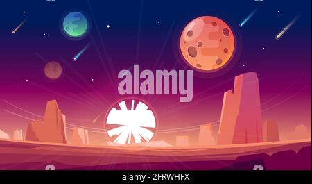 Astronaut tanzt auf einem Planeten im Weltraum und im Hintergrund des Planeten. Rot, lila Space Landschaft Hintergrund für Spiel oder Design. Vektorgrafik Stock Vektor