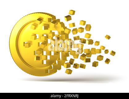 Krypto Währung goldene virtuelle Geldmünze brechen in verstreute digitale Pixelblöcke, 3D Kryptowährung Preiskonzept Stockfoto