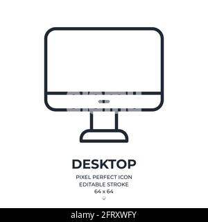 Desktop-Computer bearbeitbares Konturumrisssymbol isoliert auf flacher Vektorgrafik mit weißem Hintergrund. Pixel perfekt. 64 x 64. Stock Vektor