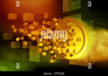 Blockchain-Technologie digitales Geld Kryptowährung Bergbau Streuung Münze 3D-Konzept Stockfoto