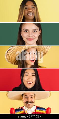 Collage aus Nahaufnahme-zugeschnittenen Gesichtern von Männern und Frauen, isoliert auf mehrfarbigem Hintergrund. Stockfoto