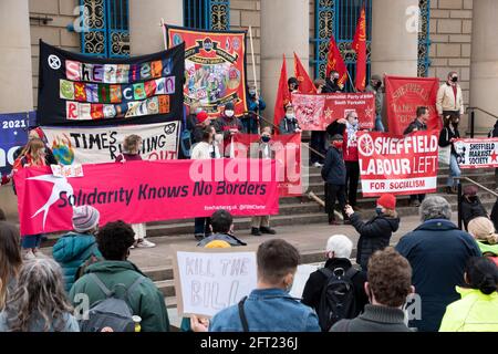 Sheffield, Großbritannien: 1. Mai 2021: Internationaler Tag der Arbeiter und Tötung der Gesetzesvorlage protestiert gegen die Kriminalisierung von Protesten in Polizei, Kriminalität, Sentenci Stockfoto