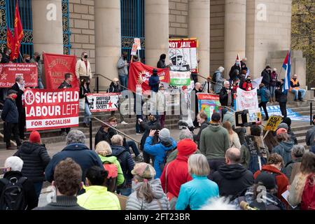 Sheffield, Großbritannien: 1. Mai 2021: Internationaler Tag der Arbeiter und Tötung der Gesetzesvorlage protestiert gegen die Kriminalisierung von Protesten in Polizei, Kriminalität, Sentenci Stockfoto