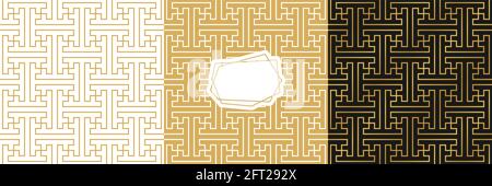 Vektor nahtlose geometrische japanische Muster, Goldfarbe. Geometrische moderne minimalistische Hintergrundkollektion. Für Stoff, Tapete, Scrapbooking, Karte, Einladungen oder Verpackung. Stock Vektor