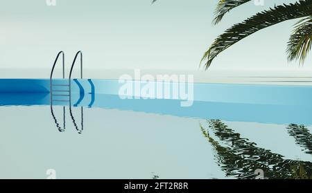 Minimalistische Poolszene mit Palmenblättern, die sich im Wasser spiegeln, und weichem Hintergrund. 3d-Rendering Stockfoto