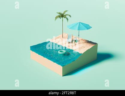 würfel mit isometrischem Strand mit Sonnenschirm und Palmen auf türkisfarbenem Hintergrund. 3d-Rendering Stockfoto