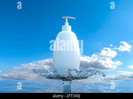 Umweltfreundliche Illustration einer weißen Flasche für die Hand- oder Gesichtspflege auf einem Glaspdium gegen Himmel und Wolken. Ein Spritzer Wasser um einen Sockel wi Stockfoto