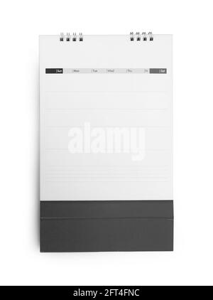Leere Desktop-Kalendervorlage auf weißem Hintergrund isoliert. Stockfoto