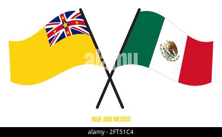 Niue und Mexiko Flaggen gekreuzt und winken Flat Style. Offizieller Anteil. Korrekte Farben. Stock Vektor