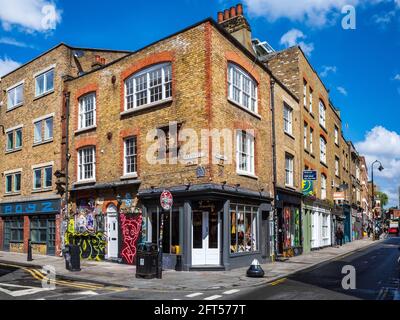 Brick Lane London E1 - Ecke Brick Lane und Sclater Street in Shoreditch East London. Stockfoto