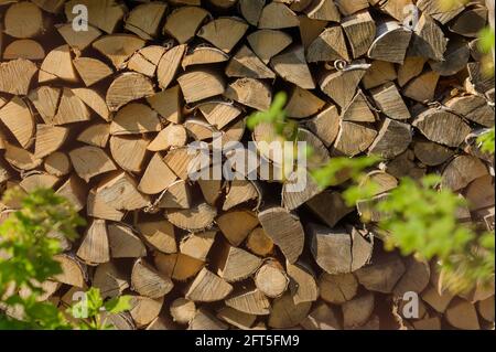 Gestapeltes Feuerholz aus nächster Nähe. Lagerung von Brennholz, Vorräte von Holzstämmen. Logging im Dorf. Rustikaler Lebensstil. Holzstruktur Stockfoto