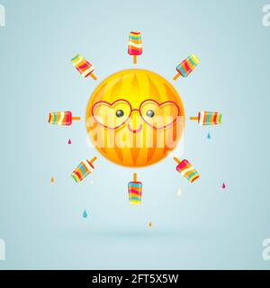 Fröhlicher Sonnencharakter mit Wassermelonenstreifen und Eiscremestrahlen. Vektorgrafik. Stock Vektor