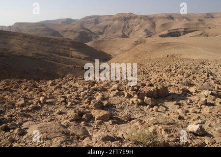 Dolomitenfelsen und unwegsames Gelände auf dem Weg zum trockenen Flussbett von Nahal oder Nachal Tzafit in der Negev-Wüste, Israel Stockfoto