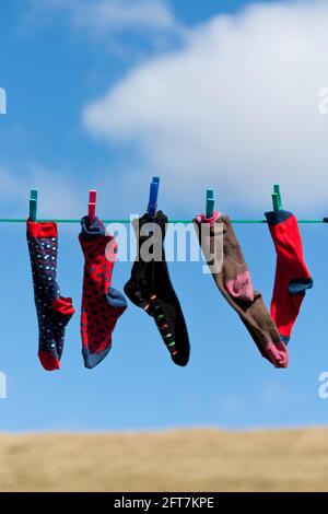 Kindersocken an der Wäscheleine Stockfoto