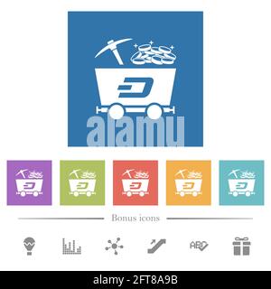 Dash Kryptowährung Mining mit Schatz flach weißen Symbolen in quadratischen Hintergründen. 6 Bonus-Symbole enthalten. Stock Vektor