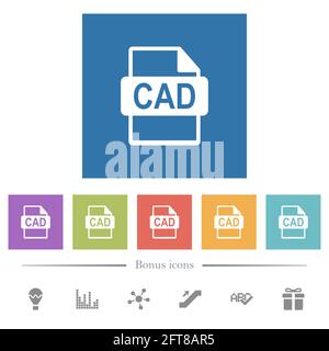 CAD-Dateiformat flache weiße Symbole auf quadratischem Hintergrund. 6 Bonus-Symbole enthalten. Stock Vektor