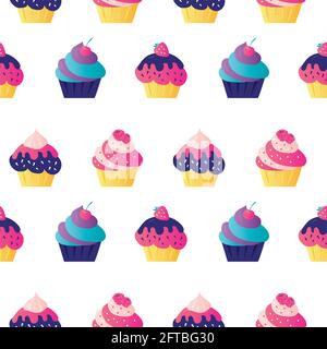 Nahtloses Muster mit verschiedenen Cupcakes. Verschiedene Süßigkeiten auf weißem Hintergrund. Süßwaren mit dekorierten Beeren und Streuseln. Desserts, Gebäck und Stock Vektor