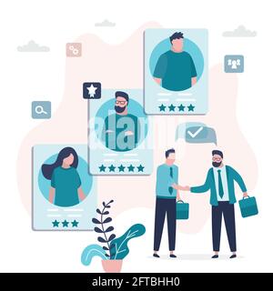 Geschäftsleute schütteln die Hände. Verschiedene Lebensläufe von Menschen Kandidaten. Lebenslauf von Arbeitssuchenden. Die richtige Wahl. Geschäftsmann wählt Arbeiter und stellt Mitarbeiter ein. Bewertung der Fähigkeiten Stock Vektor