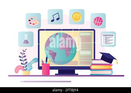 Online-Bildung in der globalen Welt, E-Learning-Konzept. Überwachen Sie mit dem Erdplaneten. Verschiedene Bildungssymbole, Bücher und Absolventen Hut. Moderner Arbeitsplatz. Re Stock Vektor