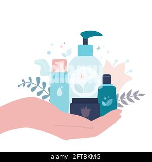 Verschiedene Flaschen, Röhrchen und Gläser mit Bio-Kosmetik. Weibliche Hand hält verschiedene umweltfreundliche Beauty-Produkte. Natürliche Schönheitsprodukte, isoliert auf w Stock Vektor