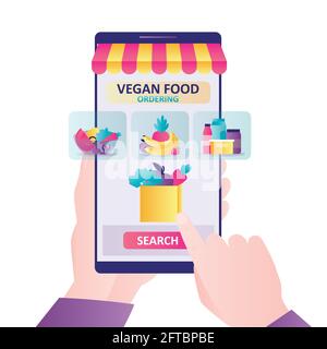 Hände halten Telefon mit Bio-Shop auf dem Bildschirm. Vegane Lebensmittel suchen in der Online-App. Online-Bestellung von frischem Gemüse und Obst auf Lebensmittelgeschäft Web Stock Vektor