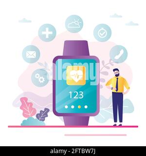 Geschäftsmann schaut sich Benachrichtigungen und Nachrichten auf einer großen Smartwatch oder einem Fitnessarmband an. Synchronisation von Uhren mit dem Smartphone. Wireless-techn Stock Vektor
