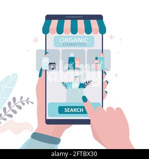 Frau sucht natürliche Produkte im Online-Shop. Hände halten Smartphone mit Bio-Kosmetik speichern auf dem Bildschirm. Verschiedene vegane Produkte im E-Markt. Stock Vektor