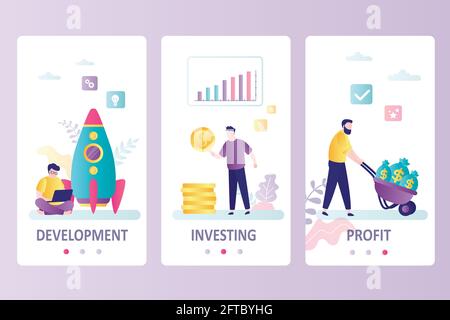 Projektentwicklung, Investitionen und Profitabilität. Geschäftsmann investieren in neue Idee. Onboarding-Vorlage für Smartphone- und Tablet-Bildschirme. Landing Page Stock Vektor