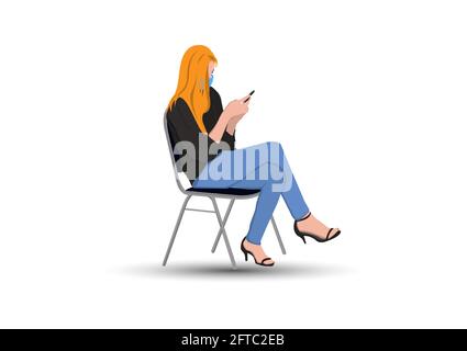 Grafikdesign Frau sitzen auf einem Stuhl und halten das Smartphone in der Hand Auf weißem Hintergrund Stock Vektor