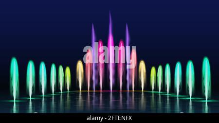 Fontänen-Show. Realistisch gefärbte tanzende Wasserstrahlen in der Nacht. Springbrunnen Kaskade mit Lichtern für Park Dekoration, 3d Aqua Sprays Vektor-Set Stock Vektor