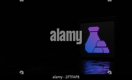 3d-Rendering-Lichtwand mit blau violetten Punkten in Form von Symbol für Geldbeutel und Goldbarren auf schwarzem Hintergrund Mit nasser Bodenreflexion Stockfoto
