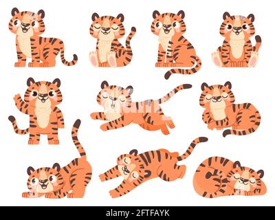 Niedliche kleine Tiger. Cartoon Dschungel Tier für Kinder Design. Tiger posiert im Schlaf, sitzt, spielt und brüllt. 2022 Zeichen-Vektor-Set für das neue Jahr Stock Vektor