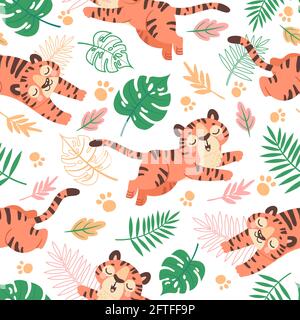 Baby Tiger Nahtloses Muster. Niedliche kindliche Cartoon-Tiger, Pfotenabdrücke und tropische Blätter. Jungle Tier, Wildkatzen, Kinder Vektor-Tapete Stock Vektor