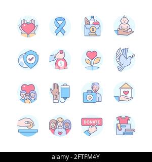 Charity - Moderne Linie Design Stil Ikonen gesetzt. Spenden, gemeinnützige Stiftung und Freiwilligenarbeit. Humanitäre Hilfe, medizinische, finanzielle und accomm Stock Vektor