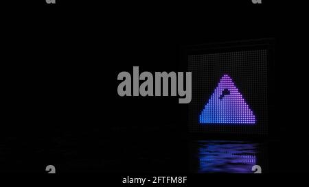 3d-Rendering-Lichtwand mit blau violetten Punkten in Form von Symbol des Dreiecksbergs mit Schneespitze auf schwarzem Hintergrund Mit nasser Bodenreflexion Stockfoto
