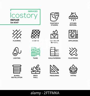 Reparaturdienste - Liniendesign Stil Symbole gesetzt. Haus Umbau und Wartung Idee. Bilder von Werkzeugen, Tapeten, Geräten. Anstrich, Bodenbelag, Roo Stock Vektor