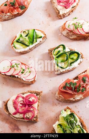 Auswahl an herzhaften Tartinen. Eine Mischung aus Brotscheiben mit Serrano-Schinken, Zucchini-Scheiben, Rettichscheiben, Bohnenpüree, eingelegten roten Zwiebeln. Stockfoto