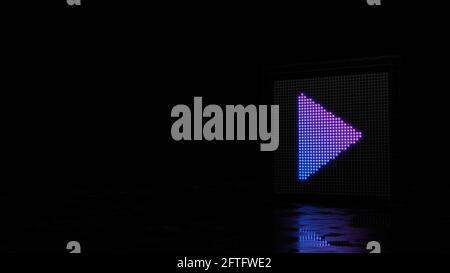 3d-Rendering-Lichtwand mit blau violetten Punkten in Form von Symbol der Dreieck-Play-Taste auf schwarzem Hintergrund mit nass Bodenspiegelung Stockfoto