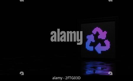 3d-Rendering-Lichtwand mit blau violetten Punkten in Form von Symbol des Recycling-Dreieck Pfeile Zeichen auf schwarzem Hintergrund mit Reflektion des nassen Bodens Stockfoto