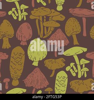 Vektor nahtloses Muster mit verschiedenen Pilzen auf braunem Hintergrund. Mykologische Pilzmuster. Stock Vektor