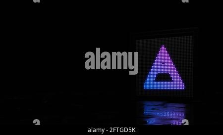 3d-Rendering-Lichtwand mit blau violetten Punkten in Form von Symbol der Luft Symbol Dreieck auf schwarzem Hintergrund mit nass Bodenspiegelung Stockfoto