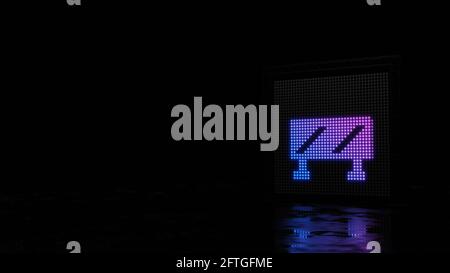 3d-Rendering-Lichtwand mit blau violetten Punkten in Form von Symbol der Schranke Verkehrsschild mit Streifen auf schwarz Hintergrund mit Regenboden reflectio Stockfoto