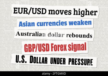 Forex-Trading-Presseschlagzeilen. Nachrichten über Investitionen am Forex-Markt. Währungsfinanzmärkte. Stock Vektor