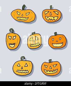 Vektor Halloween Kürbis Aufkleber Set. Handgezeichnete Illustration. Stock Vektor