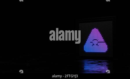 3d-Rendering-Lichtwand mit blau violetten Punkten in Form von Lasersymbol im Dreieck auf schwarzem Hintergrund mit Reflektion des nassen Bodens Stockfoto