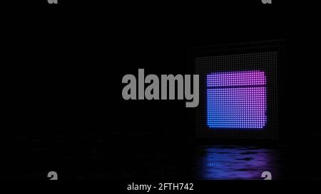 3d-Rendering-Lichtwand mit blau violetten Punkten in Form von Symbol der spanischen Flagge auf schwarzem Hintergrund mit nassem Boden Reflexion Stockfoto