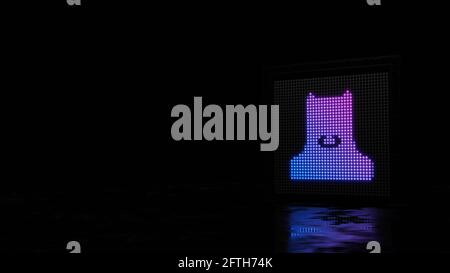 3d-Rendering-Lichtwand mit blau violetten Punkten in Form von Symbol des Superhelden batman auf schwarzem Hintergrund mit nassem Boden Reflexion Stockfoto